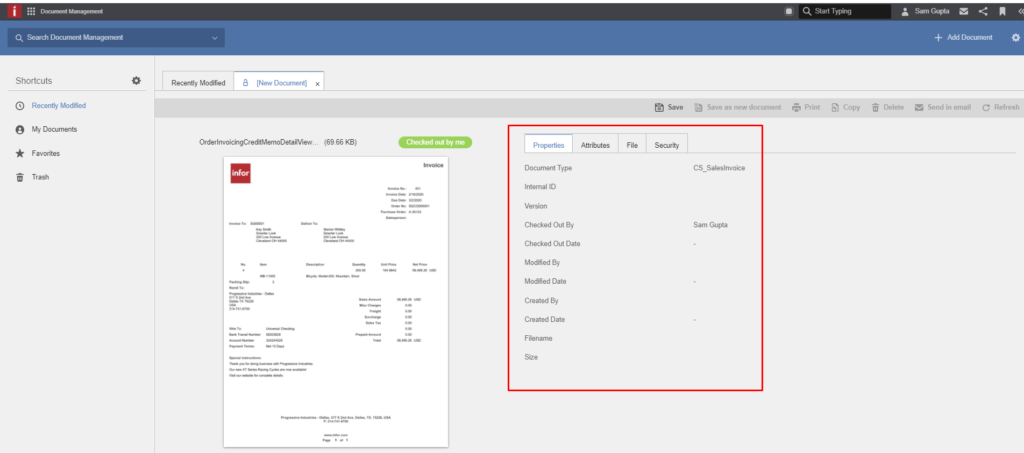 Metadata and File Content Document Management View - Infor CloudSuite Industrial (Syteline) ERP