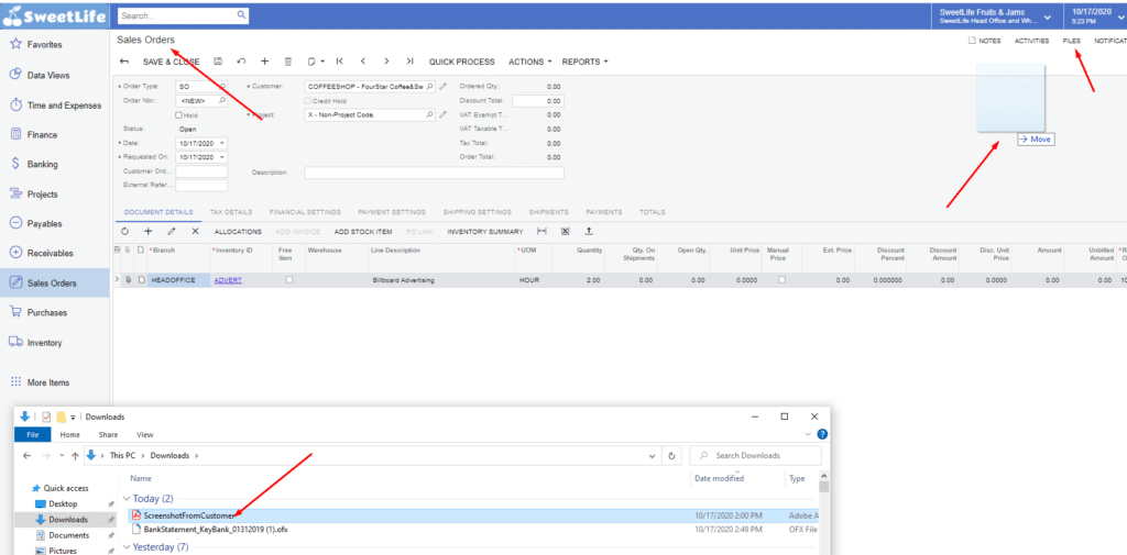 Step 1 - Drag and Drop a File On a Transaction - Acumatica Cloud ERP