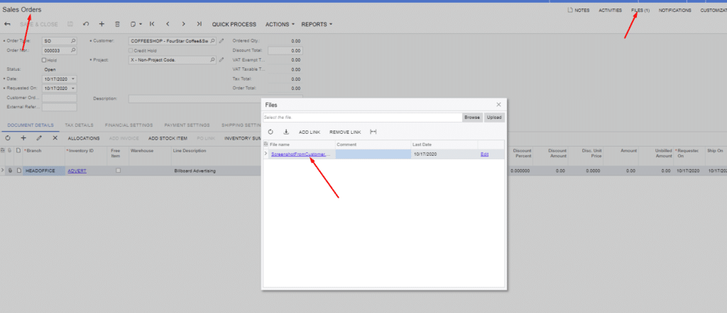 Step 2 - File Stored With One Click on Sales Order - Acumatica Cloud ERP